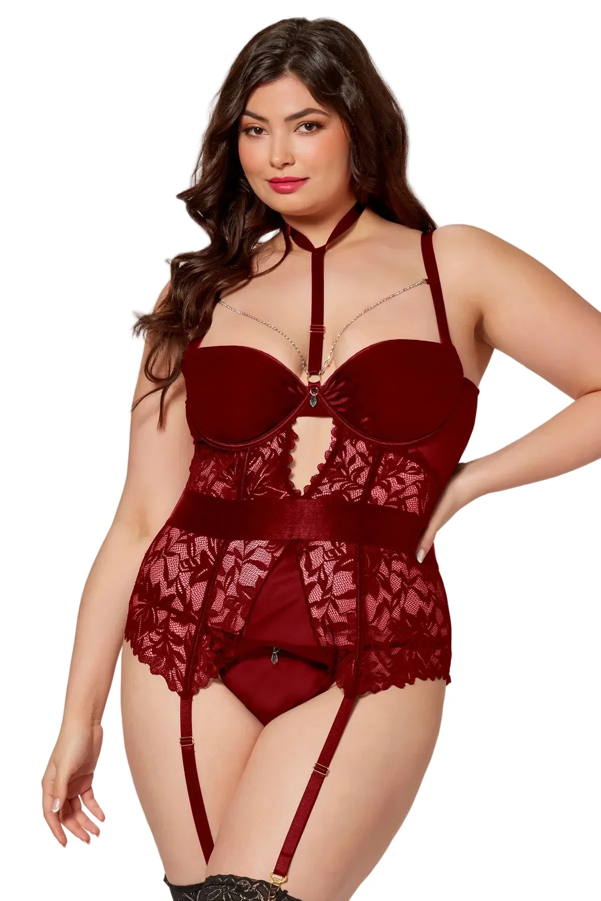 Satin & Lace Quarter Cup Bustier, Wine, Queen O/S