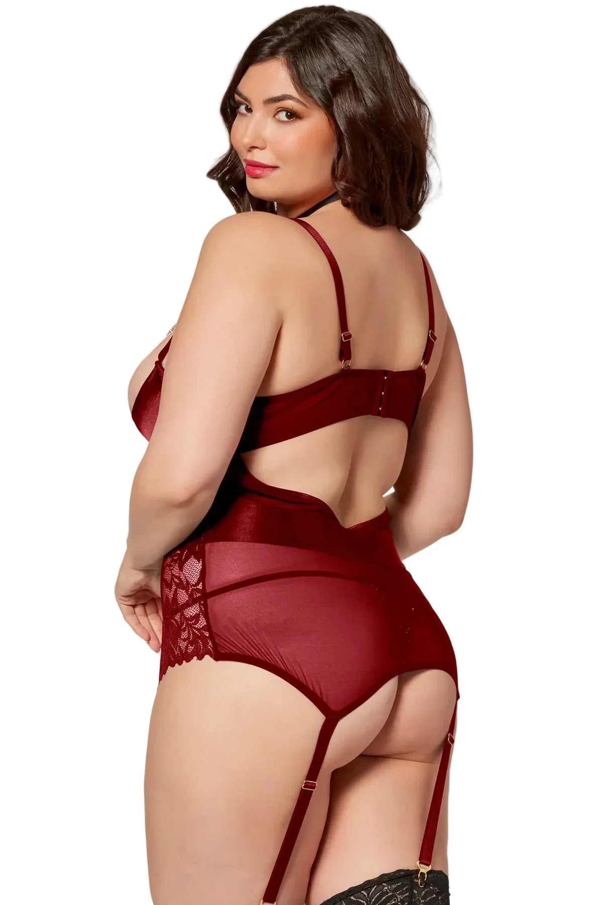 Satin & Lace Quarter Cup Bustier, Wine, Queen O/S - Image 2