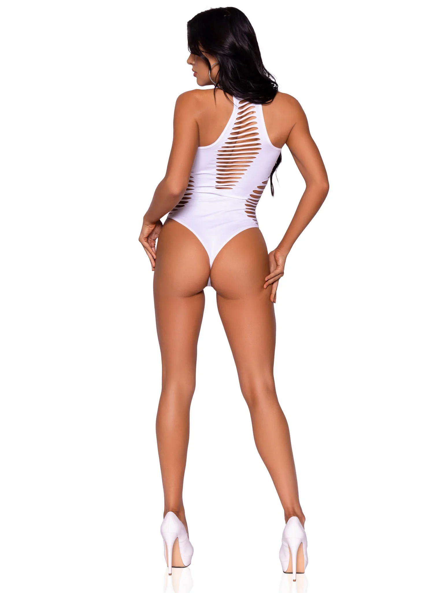 Seamless Shredded Racer Back Thong Bodysuit, White, One Size - Image 5
