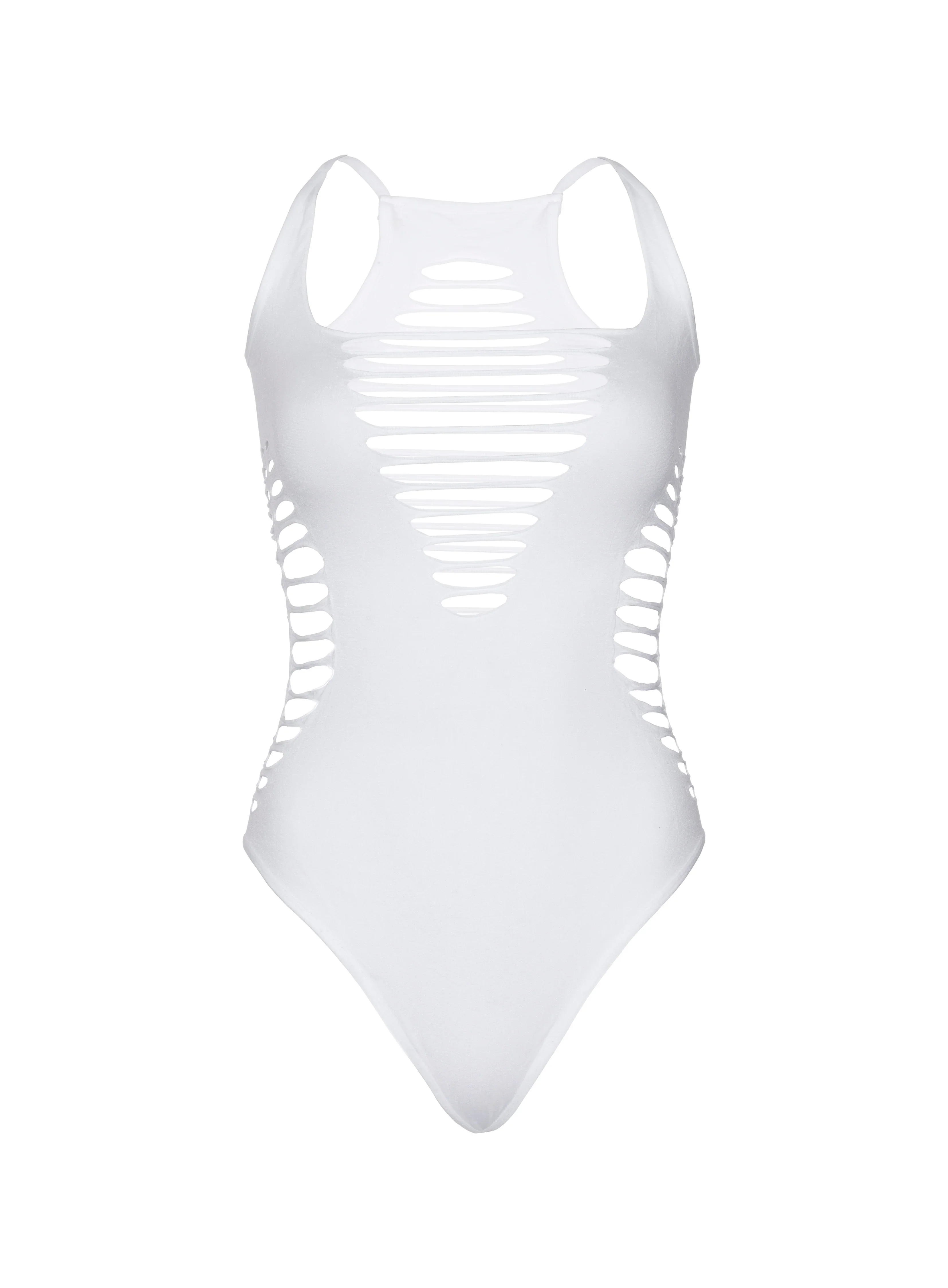 Seamless Shredded Racer Back Thong Bodysuit, White, One Size - Image 6