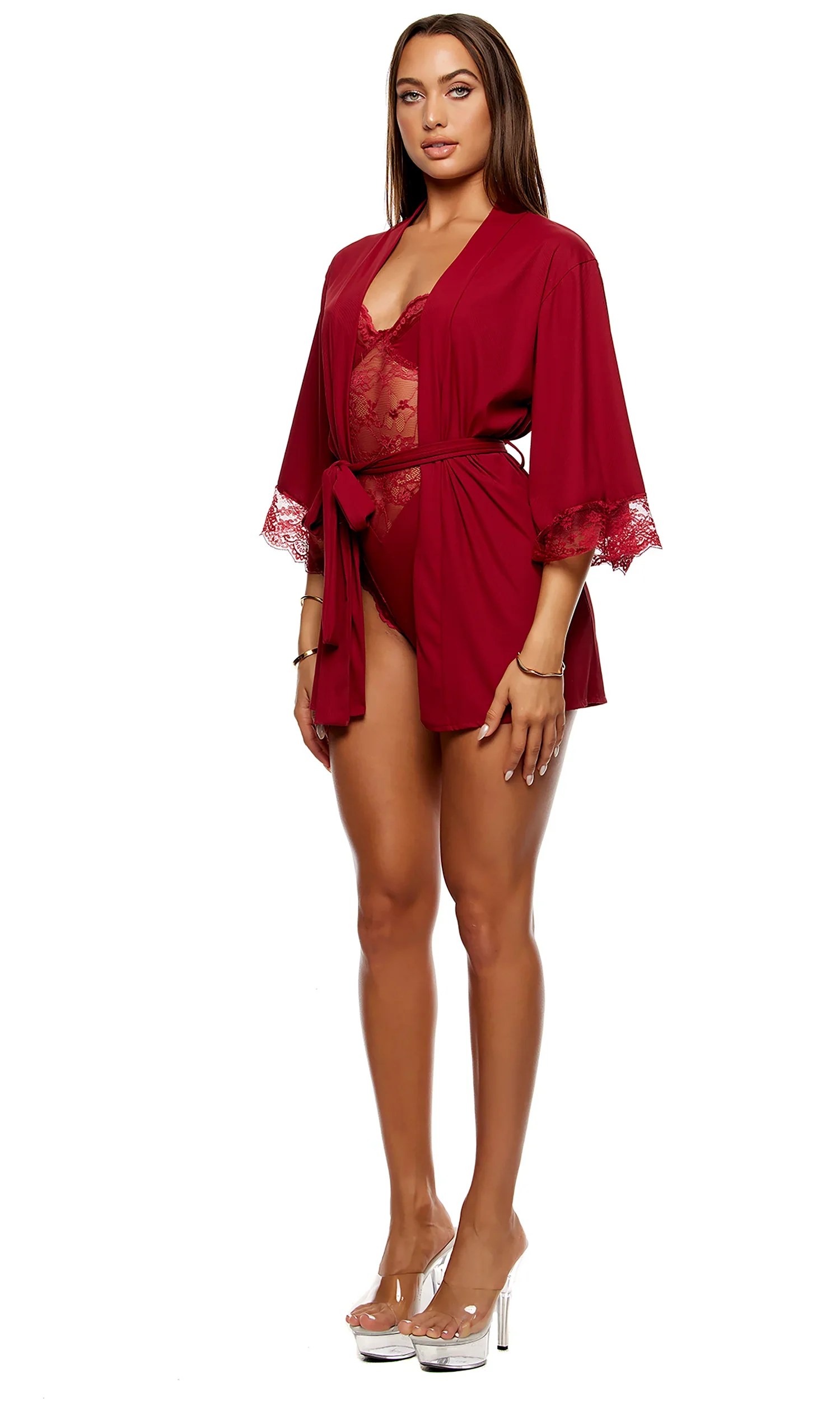 Self Care Ribbed Lace Robe, Wine, One Size - Image 6