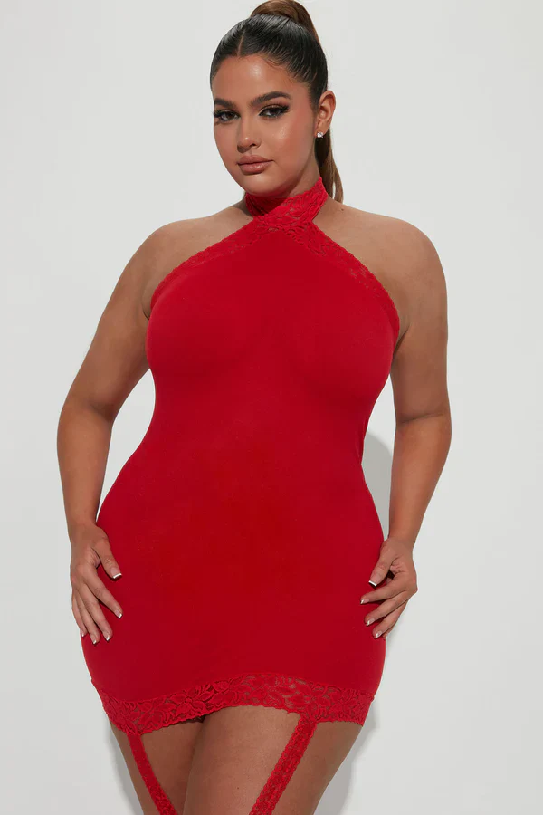 Sheer Garter Bodystocking with Thigh High, Red, Queen O/S - Image 6