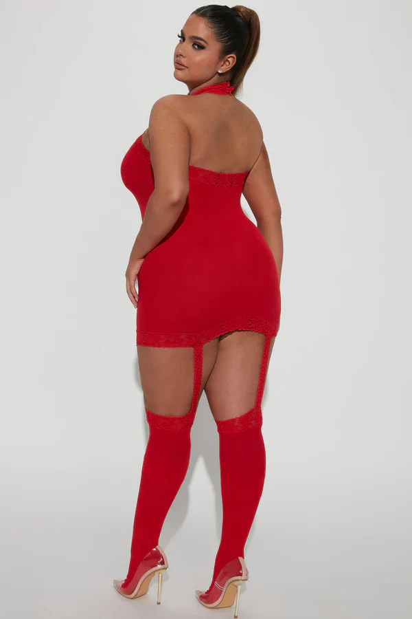 Sheer Garter Bodystocking with Thigh High, Red, Queen O/S - Image 7