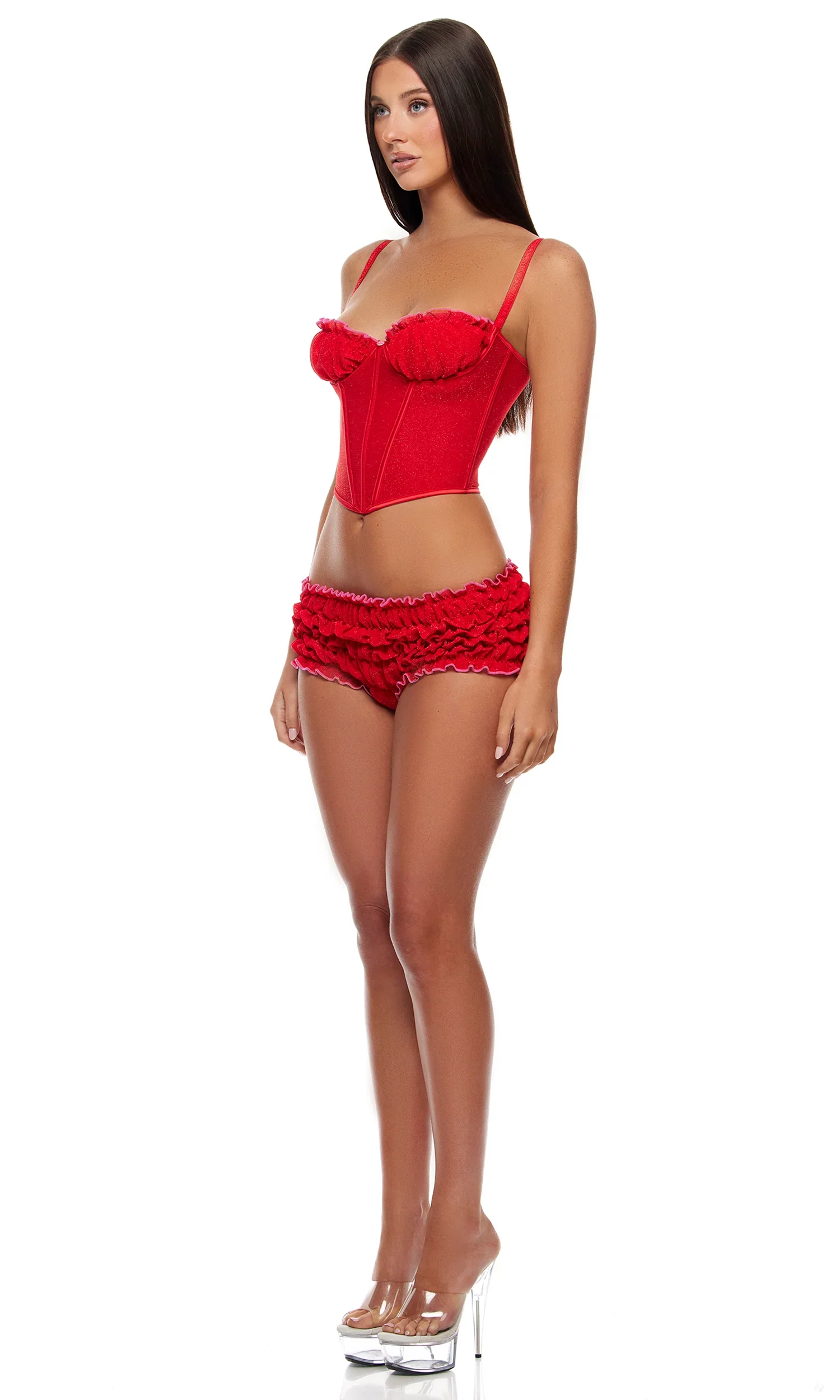 Shimmer Nights Ruched Bustier & Shorts Set, Red - Image 3