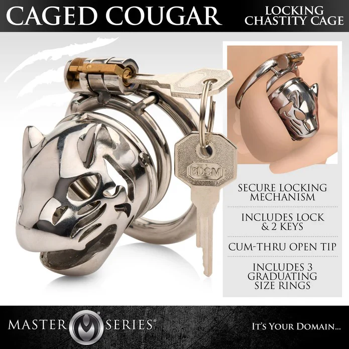 Stainless-Steel Caged Cougar Locking Chastity Cage - Image 4