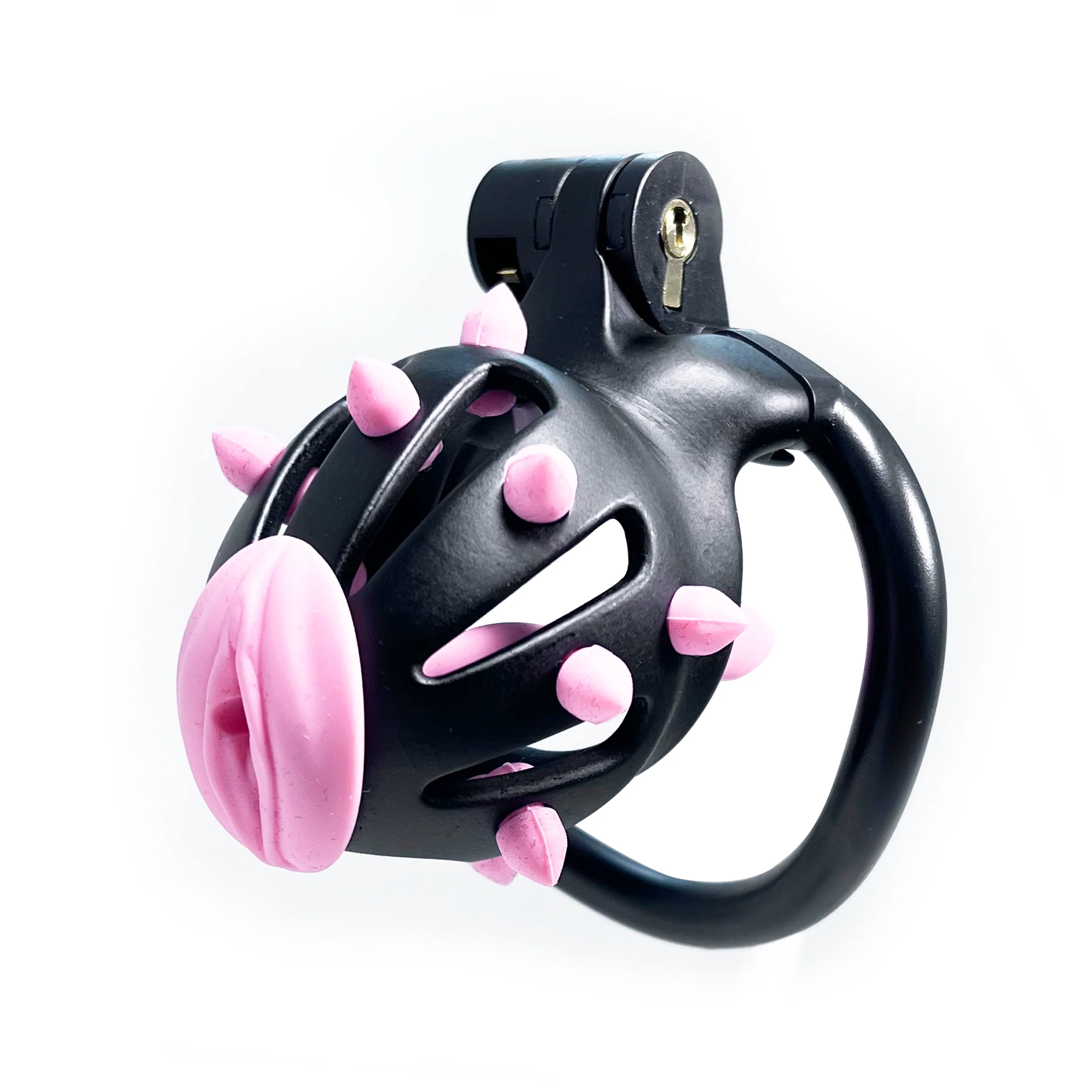 Stud Locking Sissy Chastity Cage in Black with Pink Urethral Plug by Fetish Pleasure Play