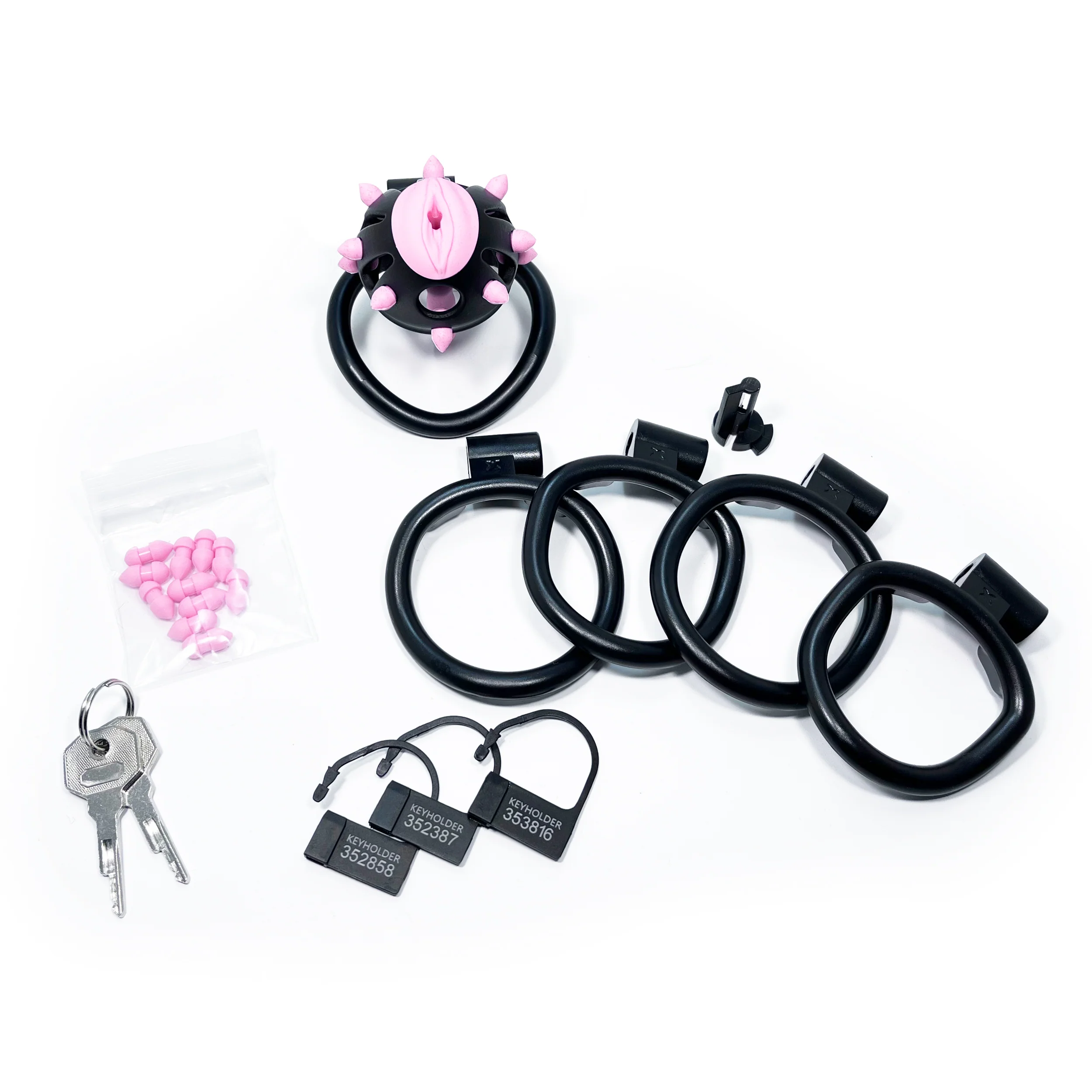 Stud Locking Sissy Chastity Cage in Black with Pink Urethral Plug by Fetish Pleasure Play - Image 2