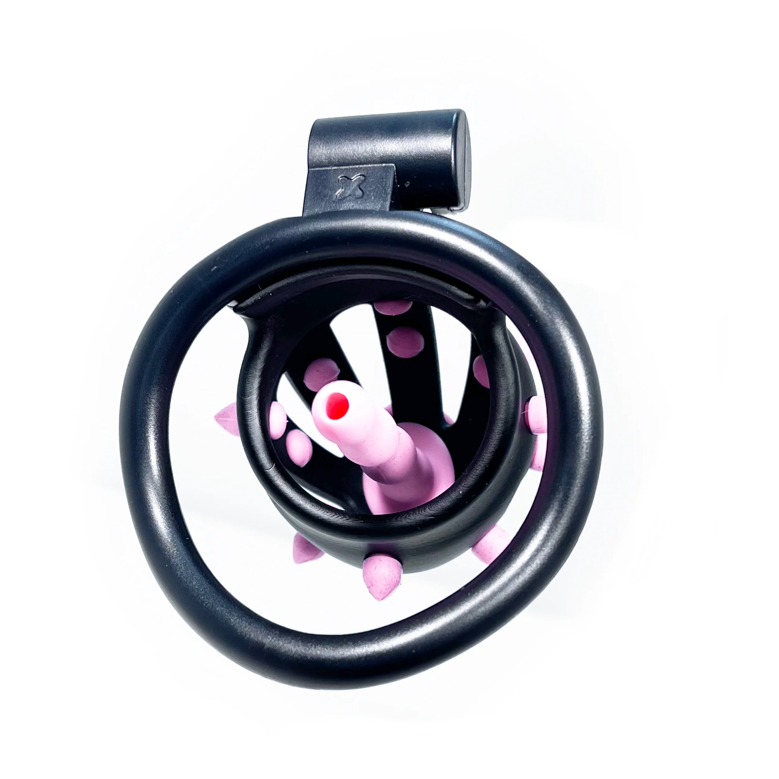 Stud Locking Sissy Chastity Cage in Black with Pink Urethral Plug by Fetish Pleasure Play - Image 3