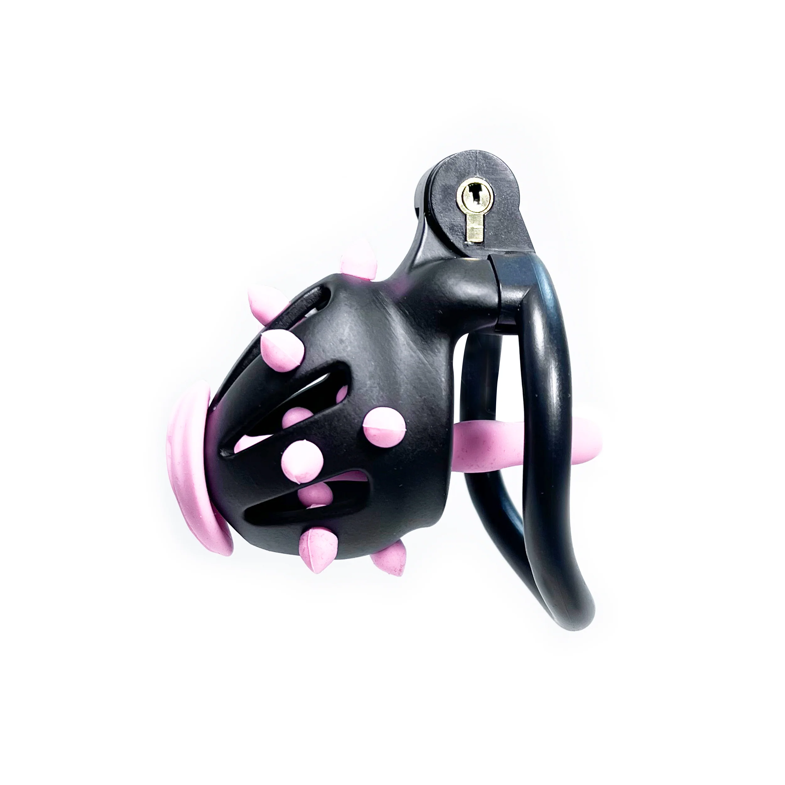 Stud Locking Sissy Chastity Cage in Black with Pink Urethral Plug by Fetish Pleasure Play - Image 4