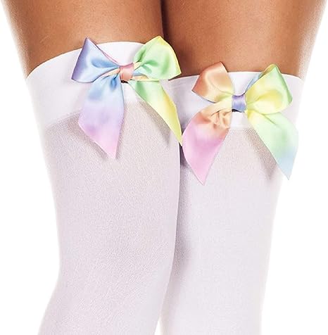 White Opaque Rainbow Satin Bow Thigh High Stockings One Size - Image 2