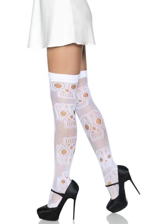 White Woven Sugar Skull Fishnet Thigh High Stockings One Size - Image 3