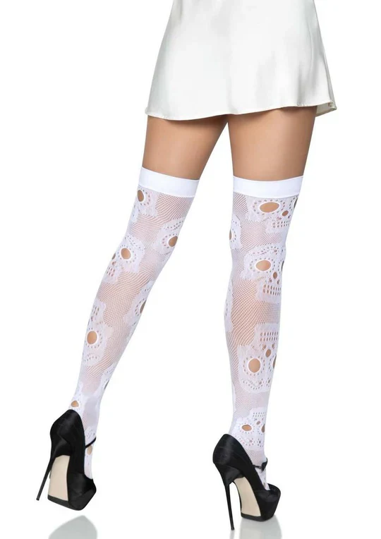 White Woven Sugar Skull Fishnet Thigh High Stockings One Size - Image 4